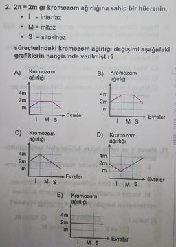 2. 2n = 2m gr kromozom ağırlığına sahip bir hücrenin,
1 = interfaz
• M = mitoz
• S = sitokinez
süreçlerindeki kromozom ağırlığı değişimi aşağıdaki
grafiklerin hangisinde verilmiştir?
A)
Kromozom
ağırlığı
B) Kromozom
ağırlığı
4m
2m
4m
2m
m
m
→ Evreler
1 MS
Evreler
MS
C)
Kromozom
D) Kromozom
ağırlığı
ağırlığı
bis hand en in v sove
4m
2m
2m
4m
m
m
→ Evreler
i
MS
Evreler
MOMS
E) Kromozom
Sinyal ağırlığı
ons
bonita
JYO
4m
2m
m
Evreler
IMS