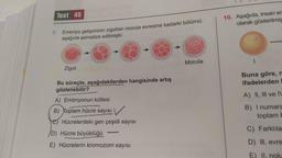 Test 45
10. Aşağıda, insan er
olarak gösterilmiş
7.
Embriyo gelişiminin zigottan morula evresine kadarki bölümü
aşağıda şematize edilmiştir.
Morula
1
Zigot
Buna göre, n
ifadelerden
Bu süreçte, aşağıdakilerden hangisinde artış
gözlenebilir?
A) II, III ve
A) Embriyonun kütlesi
B B) Toplam hücre sayısı
e) Hücrelerdeki gen çeşidi sayısı
B) I numara
toplam
C) Farklıla
D) Hücre büyüklüğü
E) Hücrelerin kromozom sayısı
D) III. evre
E) II. nolu