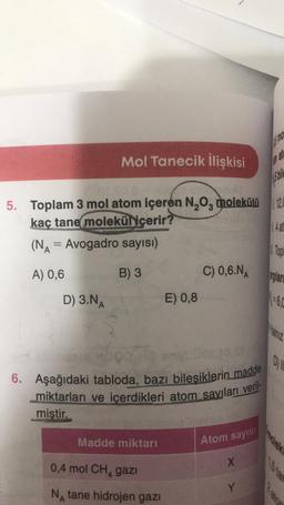 W
Mol Tanecik ilişkisi
1 124
5. Toplam 3 mol atom içeren N,0molekülü
kaç tane molekül içerir?
(NA = Avogadro sayısı)
14a
1
Top
A) 0,6
B) 3
C) 0,6.NA
oglar
D) 3.NA
E) 0,8
June
0 1
6. Aşağıdaki tabloda, bazı bilesiklerin madde
miktarları ve içerdikleri atom saviları veril-
miştir.
Madde miktarı
Atom sayıs
0,4 mol CH, gazi
X
Y
NA tane hidrojen gazi
