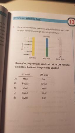TYT (Temel Yeterlilik Testi)
13
6
Karanlık bir ortamda, şekildeki gibi düzenlenmiş sarı, mavi
ve yeşil filtrelere beyaz ışık demeti gönderiliyor.
Mavi filtre
adan
adin
Sani filtre
Yeşil filtre
Beyaz duvar
Buna göre, beyaz duvar üzerindeki KL ve LM noktaları
arasındaki bölümler hangi renkte görülür?
KL arasi
LM arası
A)
Mavi
Sari
B)
Beyaz
C)
Mavi
Siyah
Yeşil
Yeşil
D)
Siyah
Siyah
E)
Sari
