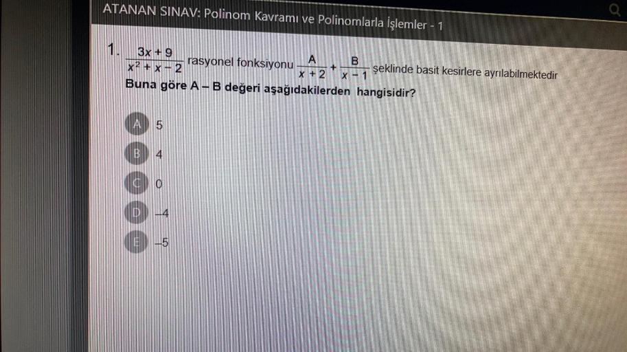 ATANAN SINAV Polinom Kavram Ve Polinomlarla Lise Matematik