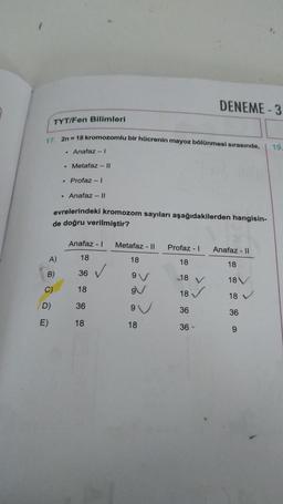 DENEME-3
TYT/Fen Bilimleri
17. 2n = 18 kromozomlu bir hücrenin mayoz bölünmesi sırasında,
19
• Anafaz
• Metafaz - 11
• Profaz-1
.
Anafaz - II
evrelerindeki kromozom sayıları aşağıdakilerden hangisin-
de doğru verilmiştir?
Anafaz - 1
Metafaz - 11
Profaz-
Anafaz - 11
A)
18
18
18
18
36 →
B)
9V
C)
18
..18 V
18 ✓
18V
18
D)
36
9
36
36
E)
18
18
36-
9
