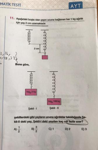 MATİK TESTİ
AYT
11. Aşağıdaki boşta olan yayın ucuna bağlanan her 1 kg ağırlık
için yay 2 cm uzamaktadır.
fereces
beclerce
2 cm
2
2,116,
188,32
6
Buna göre,
feceres
food
logz 2 kg
log, 108 kg
Şekil - 1
Şekil - II
şekillerdeki gibi yayların ucuna ağnlıklar 