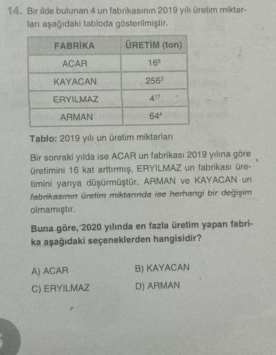 14. Bir ilde bulunan 4 un fabrikasının 2019 yılı üretim miktar-
ları aşağıdaki tabloda gösterilmiştir.
FABRİKA
ÜRETİM (ton)
ACAR
166
KAYACAN
2563
ERYILMAZ
417
ARMAN
644
Tablo: 2019 yılı un üretim miktarları
Bir sonraki yılda ise ACAR un fabrikası 2019 yılı