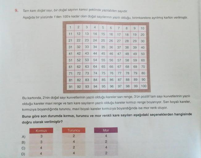 9.
Tam kare doğal sayı, bir doğal sayının karesi şeklinde yazılabilen sayıdır,
Aşağıda bir yüzünde 1'den 100'e kadar olan doğal sayılarının yazılı olduğu, birimkarelere ayrılmış karton verilmiştir.
1
2
3
4
5
7
8
9
10
11
12
13
14
15
16
17
18
19
20
21
22
23
