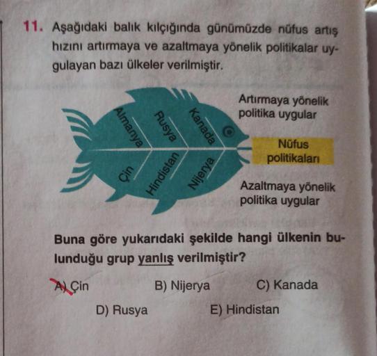 11. Aşağıdaki balik kilçığında günümüzde nüfus artış
hızını artırmaya ve azaltmaya yönelik politikalar uy-
gulayan bazı ülkeler verilmiştir.
Artırmaya yönelik
politika uygular
Almanya
Rusya
Kanada
Nüfus
politikaları
Çin
Hindistan
Nijerya
Azaltmaya yönelik
