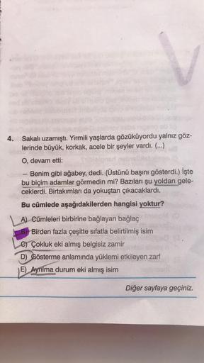 4.
Sakalı uzamıştı. Yirmili yaşlarda gözüküyordu yalnız göz-
lerinde büyük, korkak, acele bir şeyler vardı. (...)
-
O, devam etti:
- Benim gibi ağabey, dedi. (Üstünü başını gösterdi.) İşte
bu biçim
adamlar görmedin mi? Bazıları şu yoldan gele-
ceklerdi. Bi