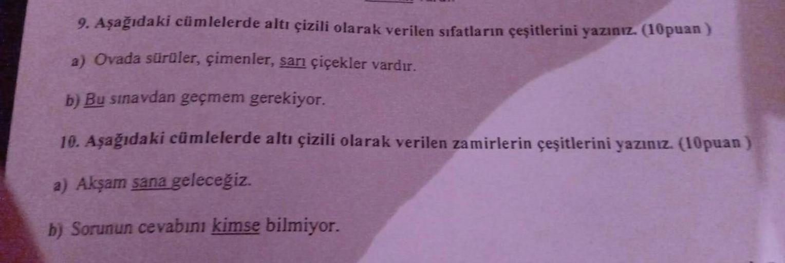 9. Aşağıdaki cümlelerde altı çizili olarak verilen sıfatların çeşitlerini yazınız. (10 puan)
a) Ovada sürüler, çimenler, sarı çiçekler vardır.
b) Bu sınavdan geçmem gerekiyor.
10. Aşağıdaki cümlelerde altı çizili olarak verilen zamirlerin çeşitlerini yazın