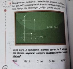 13. Bir öğretmen, elemanları rakamlardan oluşan A ve B kime
leri için AxB'nin grafiğinin bir kısmını tahtaya çizip bu kunne
lerin kesişimi ile ilgili bilgiyi grafiğin yanına yazıyor.
S
A
A
35
M
A
AnB = {3,4}
→x
o
2 3
Buna göre, A kümesinin eleman sayısı ile B kümes!
nin eleman sayısının çarpımı aşağıdakilerden hangisi
olamaz?
A) 8
B) 12
C) 16
D) 20
E) 24
270
