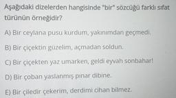 Aşağıdaki dizelerden hangisinde "bir" sözcüğü farklı sifat
türünün örneğidir?
A) Вir ceylana pusu kurdum, yakınımdan geçmedi.
B) Bir çiçektin güzelim, açmadan soldun.
C) Bir çiçekten yaz umarken, geldi eyvah sonbahar!
D) Bir çoban yaslanmış pinar dibine.
E) Bir çiledir çekerim, derdimi cihan bilmez.