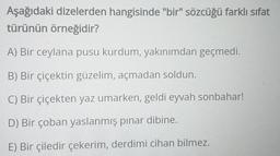 Aşağıdaki dizelerden hangisinde "bir" sözcüğü farklı sifat
türünün örneğidir?
A) Вir ceylana pusu kurdum, yakınımdan geçmedi.
B) Bir çiçektin güzelim, açmadan soldun.
C) Bir çiçekten yaz umarken, geldi eyvah sonbahar!
D) Bir çoban yaslanmış pinar dibine.
E) Bir çiledir çekerim, derdimi cihan bilmez.
