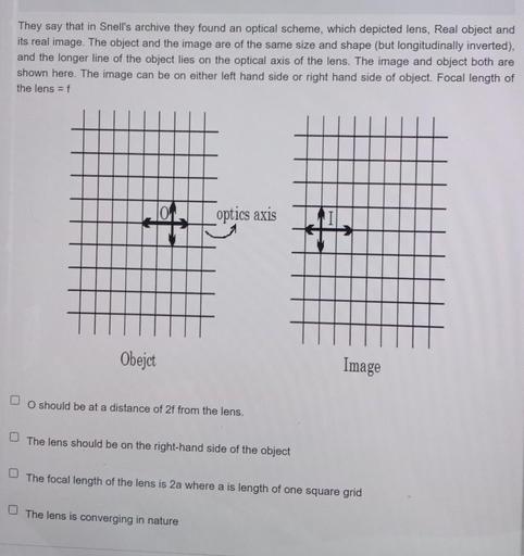 They say that in Snell's archive they found an optical scheme, which depicted lens, Real object and
its real image. The object and the image are of the same size and shape (but longitudinally inverted),
and the longer line of the object lies on the optical axis of the lens. The image and object both are
shown here. The image can be on either left hand side or right hand side of object. Focal length of
the lens = f
optics axis
Obejct
Image
O should be at a distance of 2f from the lens.
The lens should be on the right-hand side of the object
The focal length of the lens is 2a where a is length of one square grid
The lens is converging in nature