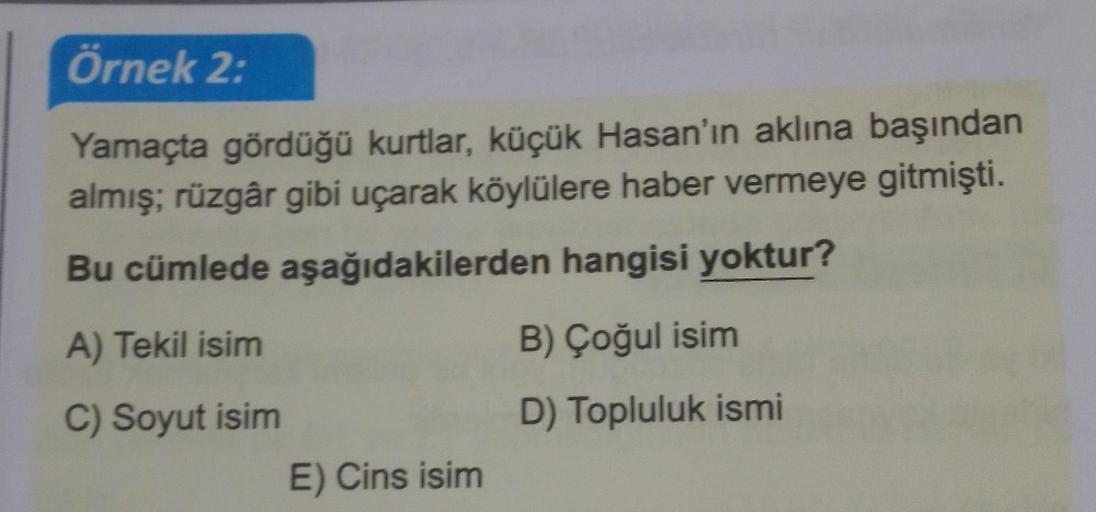 Örnek 2:
Yamaçta gördüğü kurtlar, küçük Hasan'ın aklına başından
almış; rüzgâr gibi uçarak köylülere haber vermeye gitmişti.
Bu cümlede aşağıdakilerden hangisi yoktur?
A) Tekil isim
B) Çoğul isim
C) Soyut isim
D) Topluluk ismi
E) Cins isim