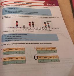 MUTLAK BAŞARI SORULARI
MUBA
Sınıfta düzenlenen bir etkinlikte öğrenciler sayı doğrusu oyunu oynamaktadırlar. Oyunun kuralları şu şekildedir:
YAYINLARI
Yere bir tebeşir ile sayı doğrusu çizilir.
Sayı doğrusu eş aralıklarla işaretlenir.
Bazı öğrenciler işaretlenen bu bölgelerde durarak tam sayıları temsil ederler.
Diğer öğrenciler de verilen bilgiler eşliğinde kimin hangi tam sayiyi temsil ettiğini bulmaya çalışırlar.
Öğretmen tebeşir yardımıyla yere bir sayı doğrusu çizdikten sonra Ali, Mert, Metin, Nuri ve Selim aşağıda görüldüğü gibi sayı doğru-
su üzerine yerleşiyorlar.
Ali
Mert
#2
Bu öğrencilerin sayı doğrusu üzerindeki konumlarıyla ilgili olarak,
.
. Ali başlangıç noktasına 3 birim uzaklıktadır.
Ali, Mert'ten 5 birim uzaklıktadır.
Nuri başlangıç noktasına en uzak kişidir.
Mert ile Selim'in başlangıç noktasına uzaklıkları eşittir.
.
Yukarıda verilen bilgilere göre Mert, Metin, Nuri ve Selim hangi tam sayıları temsil etmiştir?
B)
Nuri
Mert
Selim
Metin
Nuri
Selim
Metin
A)
Mert
-2
3
8
7
2.
2
-3
-7
Metin
Selim
Nuri
Mert
Metin
Selim
Nuri
Mert
8.
7
2
-2
7
6
1