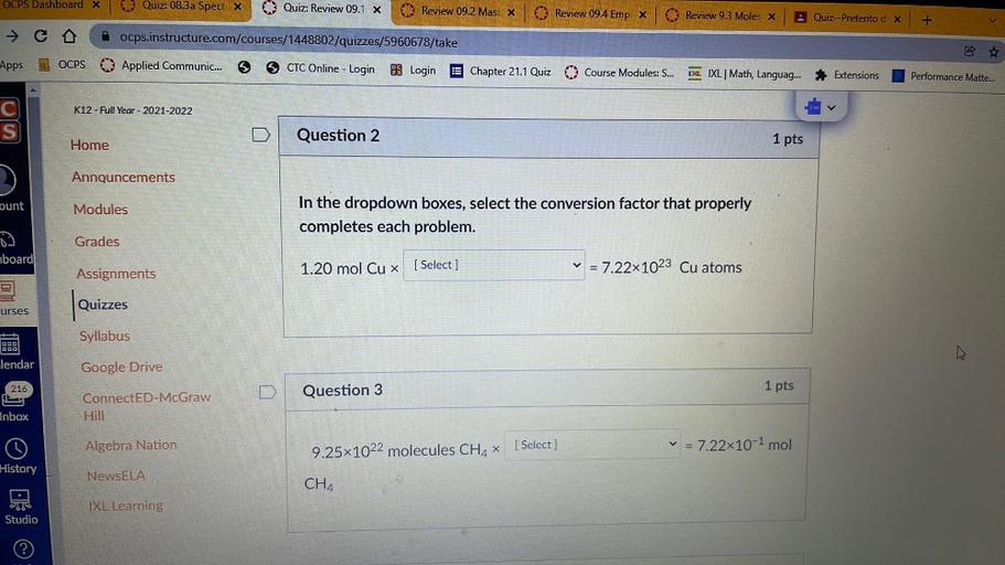 OCPS Dashboard X Quiz 08.3a Spect X Quiz... Physical Chemistry