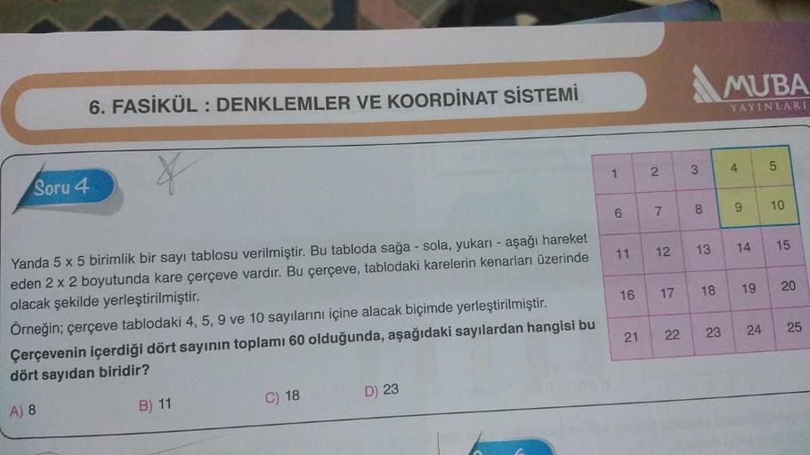 MUBA
6. FASİKÜL : DENKLEMLER VE KOORDİNAT SİSTEMİ
YAYINLARI
y
5
4
2
1
3
Soru 4
7
6
00
8
9
9
10
11
15
14
13
12
19
20
18
16
17
Yanda 5 x 5 birimlik bir sayı tablosu verilmiştir. Bu tabloda sağa-sola, yukarı-aşağı hareket
eden 2 x 2 boyutunda kare çerçeve var