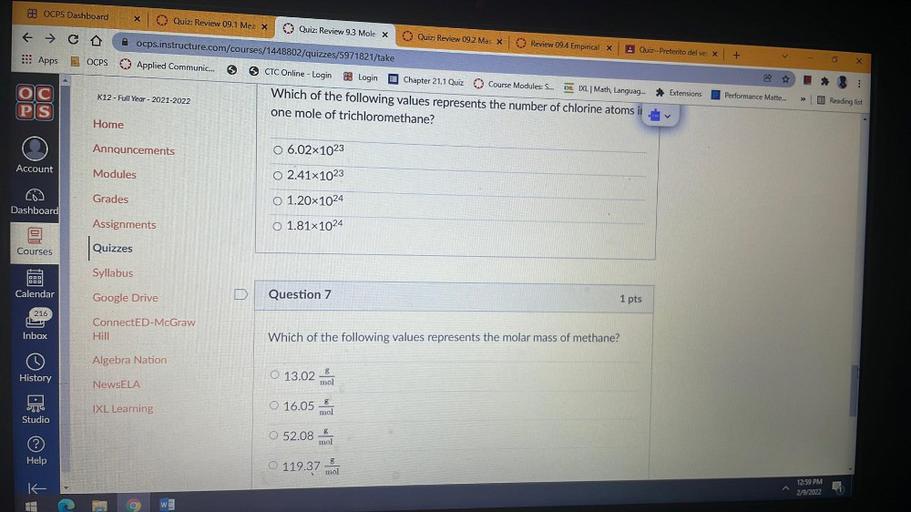 S OS OCPS Dashboard X Quiz Review Physical Chemistry