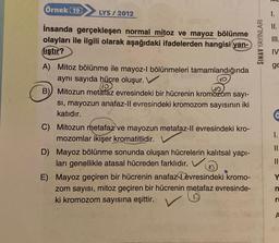 Örnek (19
LYS / 2012
1.
II.
İnsanda gerçekleşen normal mitoz ve mayoz bölünme
olayları ile ilgili olarak aşağıdaki ifadelerden hangisi yan-
liştır?
SINAV YAYINLARI
IV
ge
ä
A) Mitoz bölünme ile mayoz-l bölünmeleri tamamlandığında
aynı sayıda hücre oluşur.
B) Mitozun metafaz evresindeki bir hücrenin kromozom sayi-
si, mayozun anafaz-ll evresindeki kromozom sayısının iki
katıdır.
C) Mitozun metafaz ve mayozun metafaz-ll evresindeki kro-
mozomlar ikişer kromatitlidir.
D) Mayoz bölünme sonunda oluşan hücrelerin kalıtsal yapı-
ları genellikle atasal hücreden farklıdır.
E) Mayoz geçiren bir hücrenin anafaz-Levresindeki kromo-
zom sayısı, mitoz geçiren bir hücrenin metafaz evresinde-
ki kromozom sayısına eşittir.
1.
II.
II
Y
n
v
rt
A
