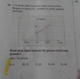18.
16. 1,12 litrelik sabit hacimli bir kapta bulunan ideal
Ne gazının basınç (P) - sicaklik (t) grafiği aşağıda
verilmiştir.
AP (atm)
8
-273
0
273
t(°C)
Buna göre, kapta bulunan Ne gazının kütlesi kaç
gramdır?
(Ne = 20 g/mol)
A) 4
B) 10
C) 20
D) 30 E) 40