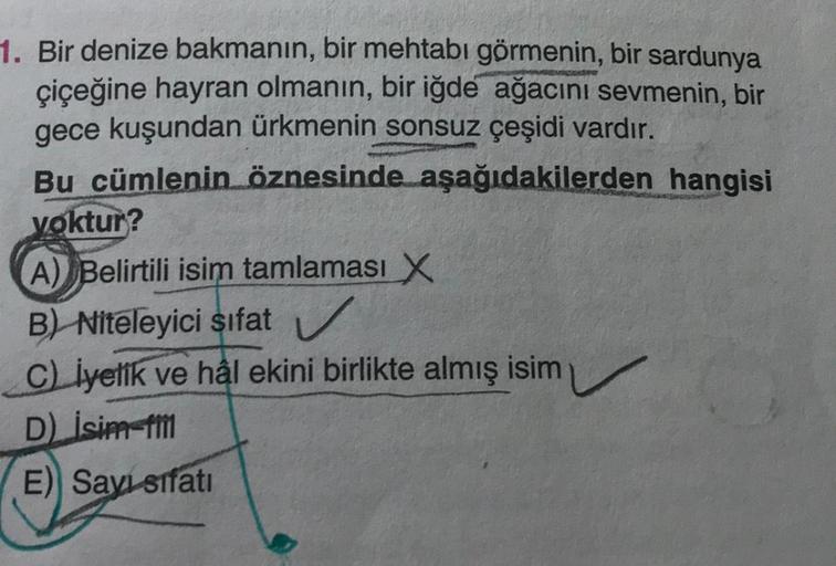 1. Bir denize bakmanın, bir mehtabi görmenin, bir sardunya
çiçeğine hayran olmanın, bir iğde ağacını sevmenin, bir
gece kuşundan ürkmenin
sonsuz çeşidi vardır.
Bu cümlenin öznesinde aşağıdakilerden hangisi
voktur?
A)
Belirtili isim tamlaması
B) Niteleyici 