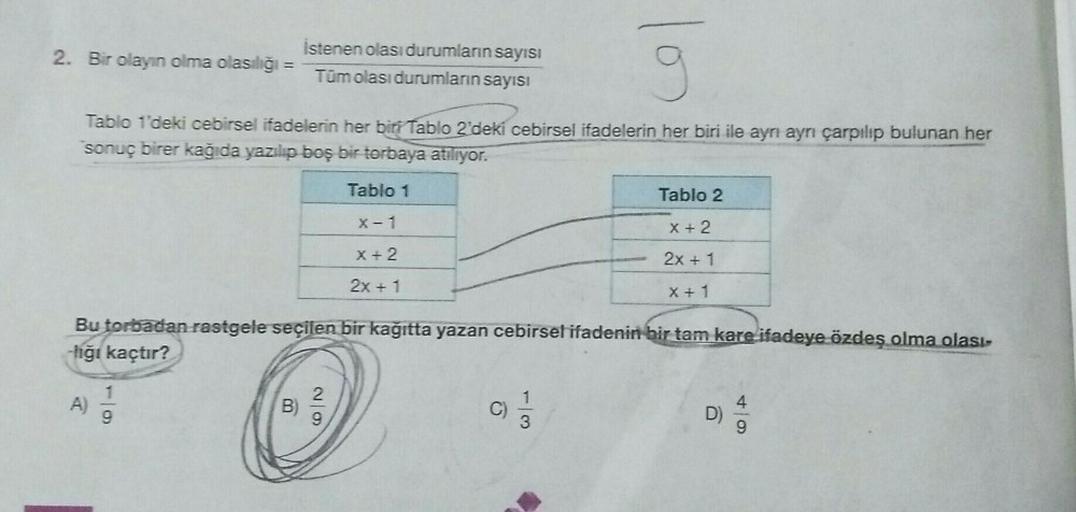 2. Bir olayın olma olasılığı =
istenen olası durumların sayısı
Tüm olası durumlarins
sayısı
los
Tablo 1'deki cebirsel ifadelerin her birt Tablo 2 deki cebirsel ifadelerin her biri ile aynı ayn çarpılıp bulunan her
sonuç birer kağıda yazılıp boş bir torbaya