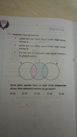 Blogrond
11. Aşağıdaki Venn şemasında;
pozitif tam sayı bölen sayısı 3 olan doğal sayılar
kümesi A.
pozitif tam sayı bölen sayısı 4 olan doğal sayılar
kümesi B.
5'in katı olan iki basamaklı doğal sayılar kümesi C
ile gösterilmektedir.
.
C
A
B.
co
Buna göre; pembe, mavi ve yeşil renkli bölgelerden
alınan birer elemanın toplamı en az kaçtır?
A) 45
B) 50
C) 55
D) 60
E) 65
