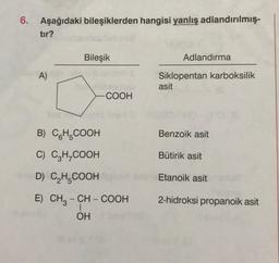 Aşağıdaki bileşiklerden hangisi yanlış adlandırılmış
tır?
Bileşik
Adlandırma
A)
Siklopentan karboksilik
asit
COOH
Benzoik asit
B) CH.COOH
C) C2H_COOH
Bütirik asit
D) CH.COOH
Etanoik asit
2-hidroksi propanoik asit
E) CH3 - CH - COOH
OH