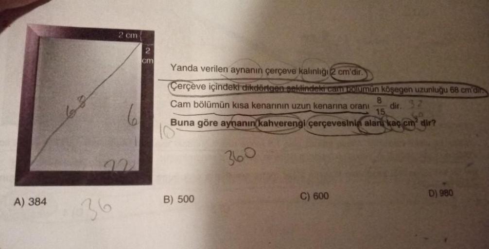 2 cm 2 cm Yanda verilen aynanın çerçeve k&hellip; Ortaokul