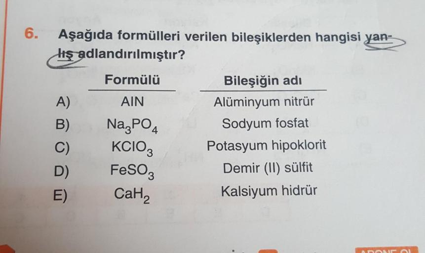6.
Aşağıda formülleri verilen bileşiklerden hangisi yan-
kış adlandırılmıştır?
Formülü
Bileşiğin adı
A) AIN
Alüminyum nitrür
B) NazP04 Sodyum fosfat
C) KCIOZ Potasyum hipoklorit
D) FeSO3
Demir (II) sülfit
E)
Kalsiyum hidrür
CaHz
BONI