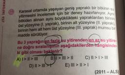 XhX INFORMA
Karasal ortamda yaşayan geniş yapraklı bir bitkinin su
yitirmesini incelemek için bir deney hazırlanıyor. Aynı
bitkiden alınan aynı büyüklükteki yapraklardan birinin
üst yüzeyine (1. yaprak), birinin alt yüzeyine (II. yaprak),
birinin hem alt hem üst yüzeyine (III. yaprak) mumsu bir
madde sürülüyor.
Bu 3 yaprağın en fazla bu yitirenden en az su yitire-
ne doğru sıralanışının aşağıdakilerden hangisinde-
ki gibi olması beklenir?
A) I > II > INI B) I > III > II C) II > I > III
D) || > III
E) III > II >
(2011 - ALS)
