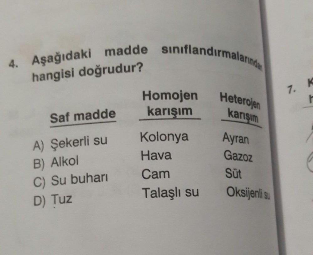 4. Aşağıdaki madde sınıflandırmalarında
hangisi doğrudur?
7. K
Homojen
karışım
Heterojen
karışım
Saf madde
Ayran
Gazoz
A) Şekerli su
B) Alkol
C) Su buhari
D) Tuz
Kolonya
Hava
Cam
Talaşlı su
Süt
Oksijenlis.