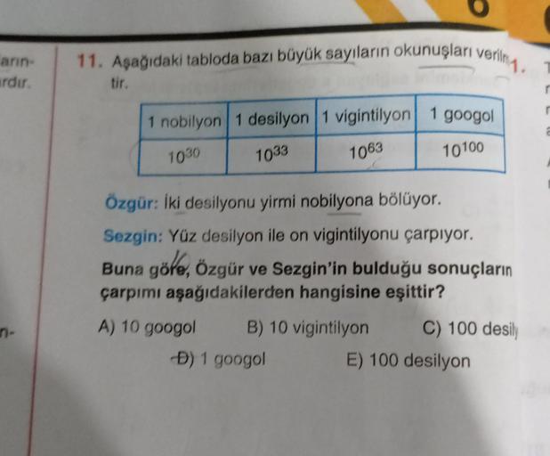 o
ann
trdir.
11. Aşağıdaki tabloda bazı büyük sayıların okunuşları verile.
tir
1 nobilyon 1 desilyon 1 vigintilyon 1 googol
1030
1033
10100
1063
Özgür: iki desilyonu yirmi nobilyona bölüyor.
Sezgin: Yüz desilyon ile on vigintilyonu çarpıyor.
Buna göłe, özg