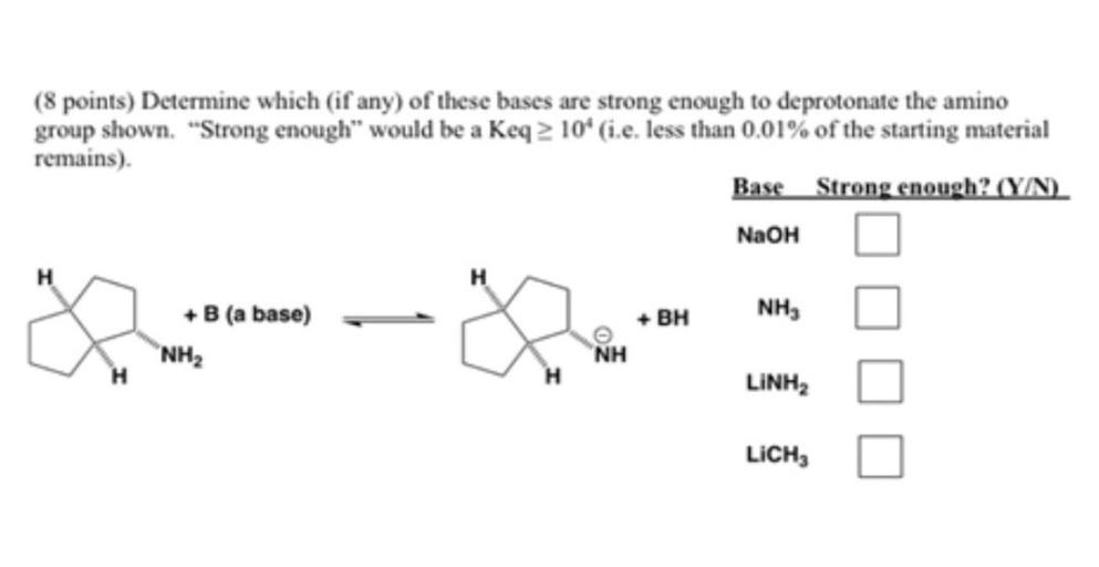 (8 points) Determine which (if any) of these bases are strong enough to deprotonate the amino
group shown. "Strong enough" would be a Keq 2 10* (i.e. less than 0.01% of the starting material
remains).
Base Strong enough? (Y/N)
NaOH
H
H
NH,
+B (a base)
"NH2
+ BH
NH
LINH2
LiCH