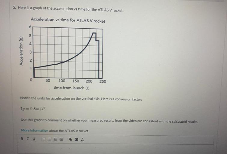 5. Here is a graph of the acceleration vs time for the ATLAS V rocket:
Acceleration vs time for ATLAS V rocket
6
5
4
Acceleration (g)
3
2
1
0
50
100
150
200
250
time from launch (s)
Notice the units for acceleration on the vertical axis. Here is a conversion factor:
lg = 9.8m/s2
Use this graph to comment on whether your measured results from the video are consistent with the calculated results.
More information about the ATLAS V rocket
BIU
ES