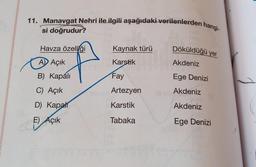 11. Manavgat Nehri ile ilgili aşağıdaki verilenlerden hangi-
si doğrudur?
Havza özelliği
Kaynak türü
Döküldüğü yer
A) Açık
Karstik
Akdeniz
B) Kapali
Fay
Ege Denizi
C) Açık
Artezyen
Akdeniz
D) Kapal
Karstik
Akdeniz
E) Açık
Tabaka
Ege Denizi