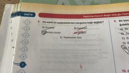 ÜNİTE
Tepkime Hızının Bağlı olduğu Fakt
9. Bir kimy
6. Hız sabiti (k) aşağıdakilerden hangisine bağlı değildir?
A) Sicaklik
B) Katatizör
Jemas yüzeyi
D) Derişim
Senior
E) Tepkimenin türü
ğıdakile
A) Bir
BX Te
C) ES
D) e
omneno
E
hid in ons
10.C
