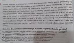 UUNIT
10. Köyden istasyona giden yol, eriyen karlarla diz boyu çamurdu. Henüz tepeye çıkmayan günes,
tarlalar hala örten karları şefkatle okşuyor, göz kamaştırarak yanıyor fakat yoldaki pis su birikin-
tilerine vurunca donuk san bir renk alıp boğuluyordu. Kocaman ve altı çivili kunduralarını çıplak
ayaklarına geçirmiş olan küçük Hasan, sağ koluna aldığı güğümü, ara sıra dinlenerek sürükle-
meye çalışmaktaydı. Bazen sol elindeki çinko maşrapayı yere bırakarak ağır yükünü vücuduna
daha az ağrı verecek bir şekilde kavramak istiyordu. Ağzına kadar ayranla dolu olan güğümün alt
kenan her adım atışında dizlerine vurmakta ve dirseğine kadar geçirdiği sapı, kolundan kurtulup
önüne yuvarlanmak ister gibi, ileri hamleler yapmakta idi. Kunduralarının arka tarafı o kadar dışan
doğru eğilmişti ki çocuğun topukları ayakkabının ökçesine değil, doğrudan doğruya çamura ba-
siyordu.
Bu metnin dil ve anlatım özellikleri ile ilgili aşağıdaki yargılardan hangisi yanlıştır?
A) Hikâye türündeki bu metinde zaman, mekân, kişi ve olay unsurlarına yer verilmiştir.
B) Niteleleyici sözcükler kullanılmış, betimleyici anlatıma başvurulmuştur.
Kişileştirme ve benzetmeye yer verilerek anlatım zenginleştirilmiştir.
D) Örneklendirme ve karşılaştırma yapılarak anlaşılırlik artırılmıştır.
