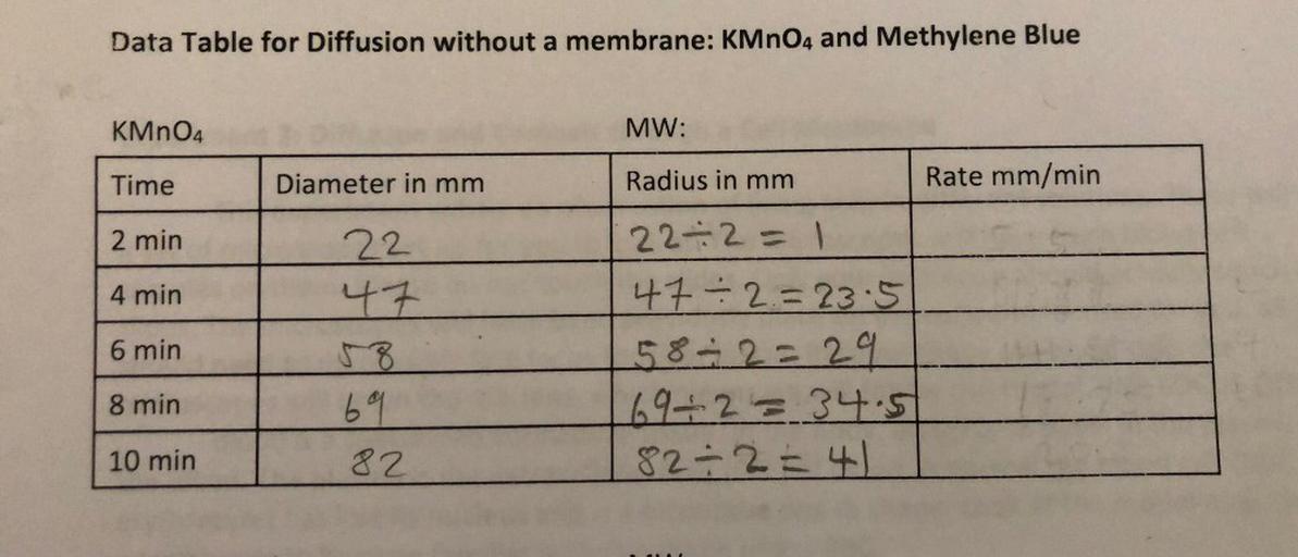 Data Table for Diffusion without a membrane: KMnO4 and Methylene Blue
KMnO4
MW:
Time
Diameter in mm
Radius in mm
Rate mm/min
2 min
22
47
4 min
6 min
22 2 = 1
47 -2 =23.5
58-2=29
69+2 = 34.5
82 +2 = 41
8 min
69
82
10 min