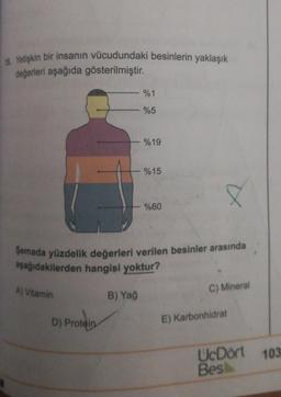 Yetişkin bir insanın vücudundaki besinlerin yaklaşık
değerleri aşağıda gösterilmiştir.
%1
%5
%19
%15
%60
Semada yüzdelik değerleri verilen besinler arasında
aşağıdakilerden hangisi yoktur?
A) Vitamin
C) Mineral
B) Yağ
D) Protein
E) Karbonhidrat
103
UcDört
Bes
