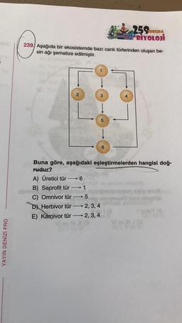 259
BİYOLOJİ
SORUDA
239. Aşağıda bir ekosistemde bazı canlı türlerinden oluşan be-
sin ağı şematize edilmiştir.
2
3
5
6
►
-
Buna göre, aşağıdaki eşleştirmelerden hangisi doğ-
rudur?
A) Üretici tür →6
B) Saprofit tür -> 1
someone
C) Omnivor tür -> 5
D) Herbivor tür -> 2,3,4
YA
E) Karnivor tür -> 2,3,4
View
-
YAYIN DENİZİ PRO