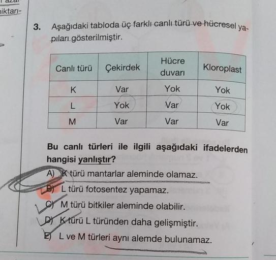 miktari 3. Aşağıdaki tabloda üç farklı canlı türü Biyoloji miktari 3. Aşağıdaki tabloda üç farklı canlı türü Biyoloji