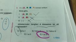 5. A={A,.,1, *} kümesi veriliyor.
E Z}
Buna göre,
erimi aşağıdaki
1.
II. {
C)
.3
III. { }
.6
OOO
.9
ens Yayınları
kümelerinden hangileri A kümesinin bir alt
kümesidir?
A) Yalnız!
B) Yalnız II C) Yalnız III
E) I ve III
D) I ve II
5. VIDEO