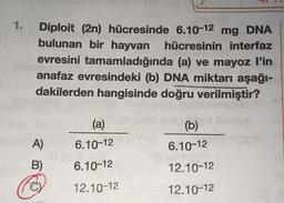1.
Diploit (2n) hücresinde 6.10-12 mg DNA
bulunan bir hayvan hücresinin interfaz
evresini tamamladığında (a) ve mayoz l'in
anafaz evresindeki (b) DNA miktarı aşağı-
dakilerden hangisinde doğru verilmiştir?
(a)
(b)
6.10-12
A)
6.10-12
B)
6.10-12
12.10-12
12.10-12
12.10-12