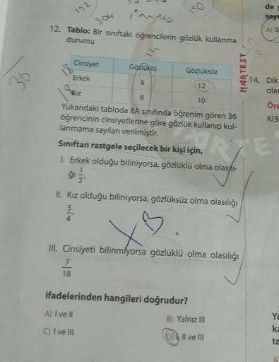 152
its
150
de
sayt
12. Tablo: Bir sınıftaki öğrencilerin gözlük kullanma
durumu
A) 9
Cinsiyet
Gözlüklü
18
Gözlüksüz
NXIRTEST
es
Erkek
6
12
10
14. Dik
olar
Örn
K(3
8
Yukandaki tabloda 8A sinfinda öğrenim gören 36
öğrencinin cinsiyetlerine göre gözlük kulla