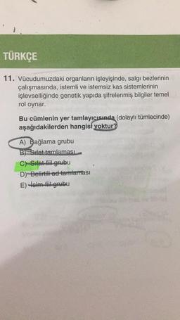 TÜRKÇE
11. Vücudumuzdaki organların işleyişinde, salgı bezlerinin
çalışmasında, istemli ve istemsiz kas sistemlerinin
işlevselliğinde genetik yapıda şifrelenmiş bilgiler temel
rol oynar.
Bu cümlenin yer tamlayıcısında (dolaylı tümlecinde)
aşağıdakilerden hangisi yoktur?
A) Bağlama grubu
B) Sifat tamlaması
C) Sifat-fiil grubu
D) Belirtili ad tamlaması
E) toim fil grubu