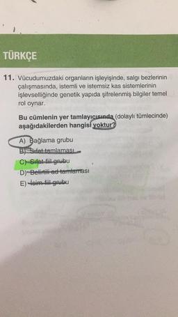 TÜRKÇE
11. Vücudumuzdaki organların işleyişinde, salgı bezlerinin
çalışmasında, istemli ve istemsiz kas sistemlerinin
işlevselliğinde genetik yapıda şifrelenmiş bilgiler temel
rol oynar.
Bu cümlenin yer tamlayıcısında (dolaylı tümlecinde)
aşağıdakilerden hangisi yoktur?
A) Bağlama grubu
B) Sifat tamlaması
C) Sifat-fiil grubu
D) Belirtili ad tamlaması
E) toim fil grubu
