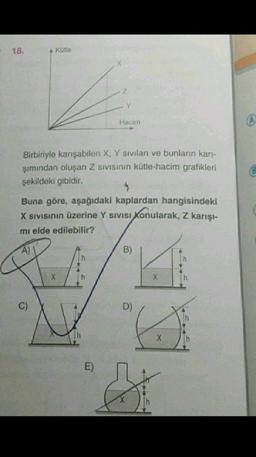 18.
Kütle
Y
Hacim
Birbiriyle karışabilen X, Y sivilari ve bunların kari-
şimından oluşan Z sivisinin kütle-hacim grafikleri
şekildeki gibidir.
Buna göre, aşağıdaki kaplardan hangisindeki
X Sivisının üzerine Y SIVISI Konularak, Z karış-
mı elde edilebilir?
A)
B)
h
X
h
X
h
C)
D)
C
E)
