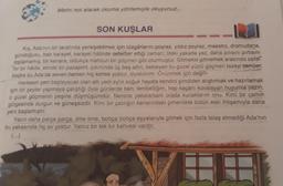 Metni not alarak okuma yöntemiyle okuyunuz.
SON KUŞLAR
Kiş. Ada'nın bir tarafında yerleşebilmek için rüzgârlarını poyraz, yıldız poyraz, maestro, dramudana,
gündoğusu, batı karayel, karayel halinde seferber ettiği zaman; öteki yakada yaz, daha pilisini pirtisini
toplamamış, bir kenara, oldukça mahzun bir göçmen gibi oturmuştur. Gitmekle gitmemek arasında salla-
nir bir halde, elinde bir pasaport, çıkınında üç beş altın, bekleyen bu güzel yüzlü göçmen tazeyi benden
başka bu Ada'da seven hemen hiç kimse yoktur, diyebilirim - Övünmek için değill-
Herkesin yeni başlayacak olan altı yedi aylık soğuk hayata kendini şimdiden alıştırmak ve hazırlamak
için bir şeyler yapmaya çalıştığı öyle günlerde ben; tembelliğim, hep kaçani kovalayan huyumla yazın,
o güzel göçmenin peşine düşmüşümdür. Nerede yakalarsam orada kucaklarım onu. Kimi bir çamin
gölgesinde durgun ve güneşsizdir. Kimi bir çalılığın kenarındaki çimenlikte bütün eski ihtişarnıyla daha
yeni başlamıştır.
Yazın daha parça parça, lime lime, bohça bohça eşyalarıyla gitmek için fazla telaş etmediği Ada'nın
bu yakasında hiç ev yoktur. Yalnız bir tek kır kahvesi vardır.
