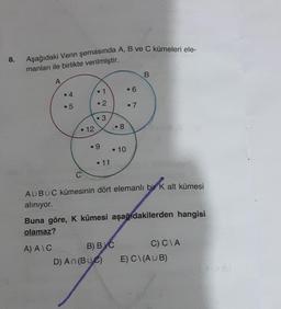 8.
Aşağıdaki Venn şemasında A, B ve C kümeleri ele-
manları ile birlikte verilmiştir.
B
A
1
.6
4
. 2
5
. 7
. 3
12
8
9
. 10
11
C
AUBUC kümesinin dört elemanlı bir k alt kümesi
alınıyor.
Buna göre, K kümesi aşağıdakilerden hangisi
olamaz?
A) ATC B) B C
D) AN(BUC)
C) CIA
E) C (AUB)
