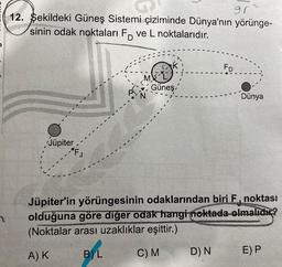 gr
12. $ekildeki Güneş Sistemi çiziminde Dünya'nın yörünge-
sinin odak noktaları Fo ve L noktalarıdır.
FD
Güneş
Dünya
Jüpiter
"Fj
Jüpiter'in yörüngesinin odaklarından biri F noktası
olduğuna göre diğer odak hangi noktada olmalıdır?
(Noktalar arası uzaklıklar eşittir.)
BL
AK
C) M
E) P
D) N
